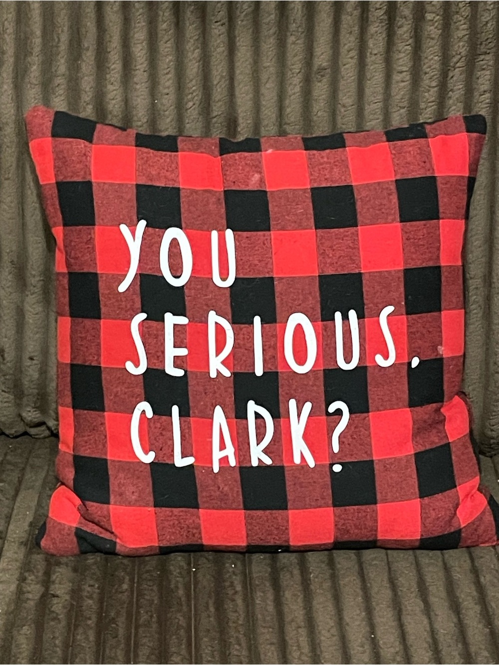 Red Buffalo Plaid Holiday Throw Pillow - "You Serious, Clark?"